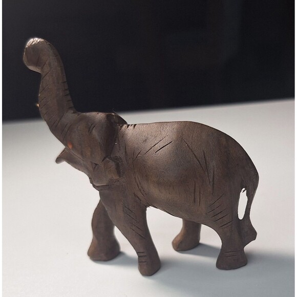 Hand Carved Wooden Elephant 4" Figurine Sculpture Trunk Up Good Luck Tusks - Picture 3 of 6